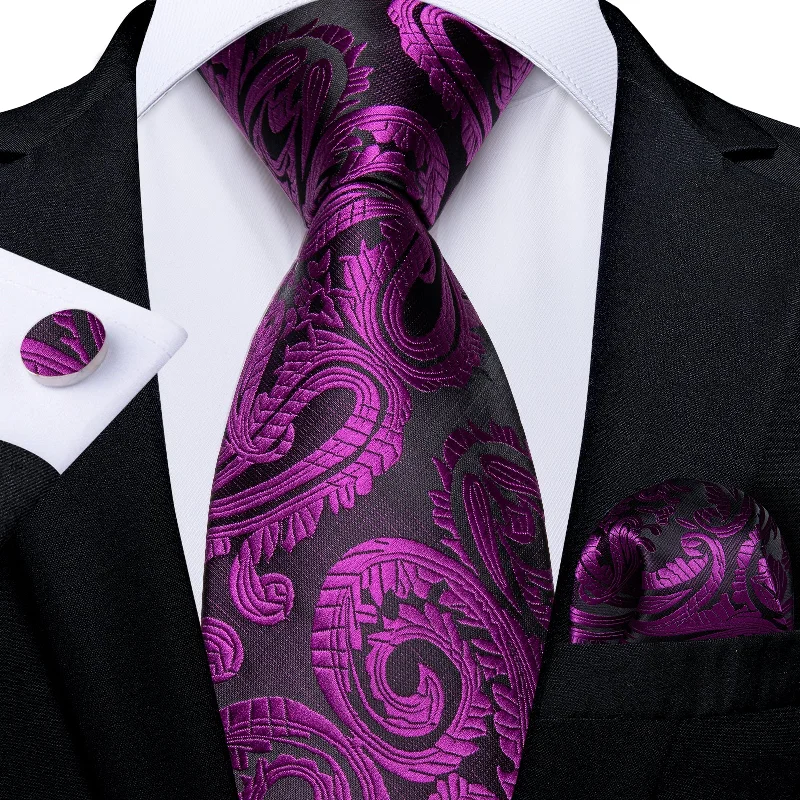 colorful silk ties for men-Purple Red Floral Men's Tie Pocket Square Cufflinks Set