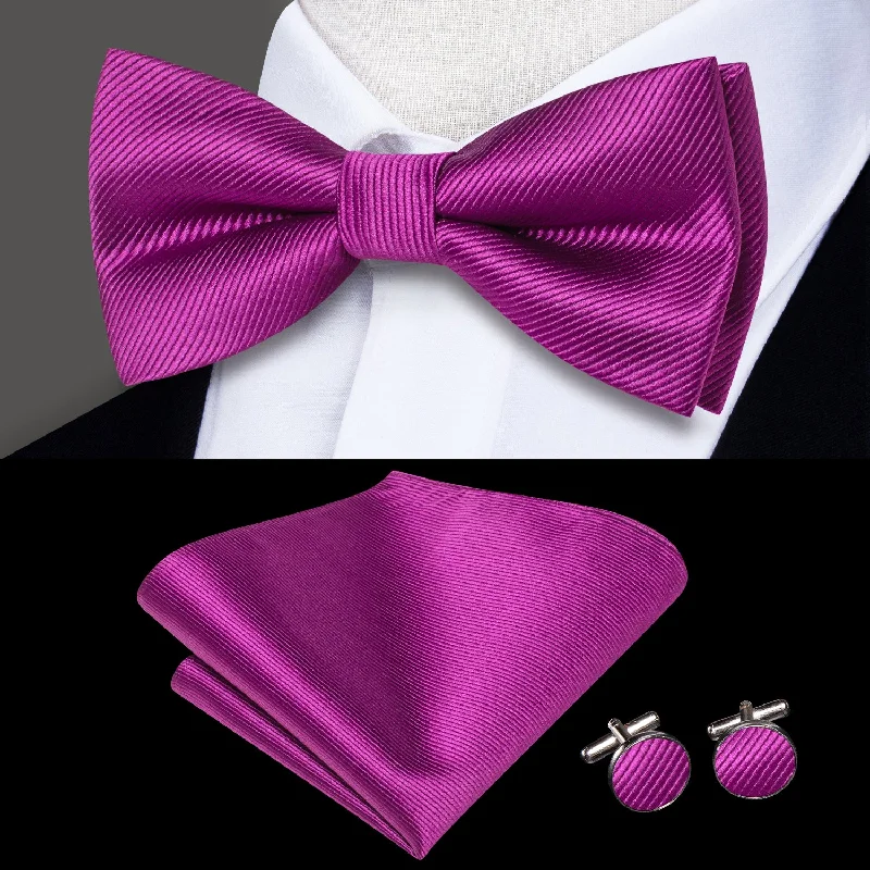 wedding necktie colors for men-Purple Red Striped Men's Pre-tied Bowtie Pocket Square Cufflinks Set