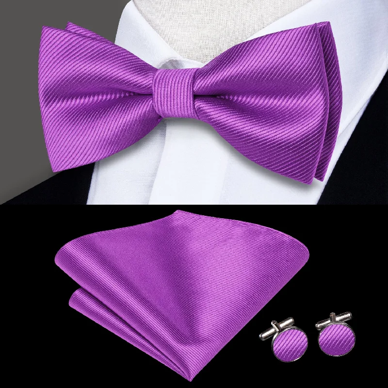 high-quality bow ties for men-Purple Striped Men's Pre-tied Bowtie Pocket Square Cufflinks Set