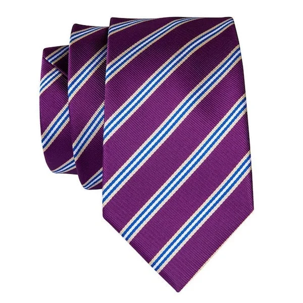 bold color ties for office wear-Classy Men Purple Striped Silk Necktie