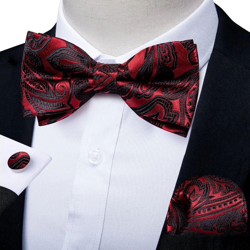 affordable wedding bow ties for men-Red Black Floral Silk Pre-tied Bow Tie Hanky Cufflinks Set