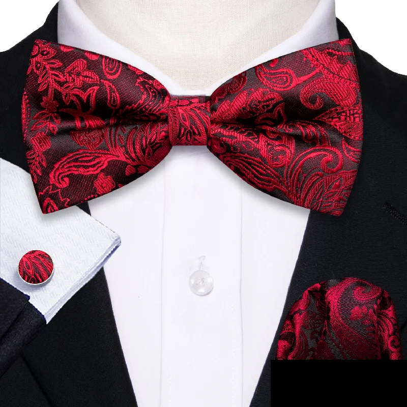 solid color bow ties for weddings-Red Black Paisley Pre-tied Bowtie Pocket Square Cufflinks Set