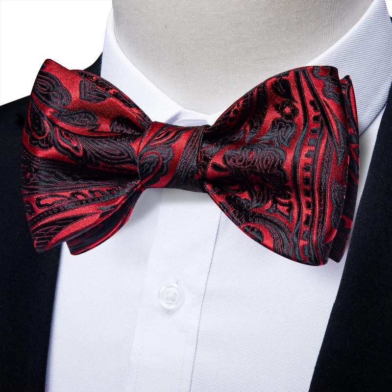 high-quality silk necktie sets-Red Black Paisley Self-tied Silk Bow Tie Pocket Square Cufflinks Set