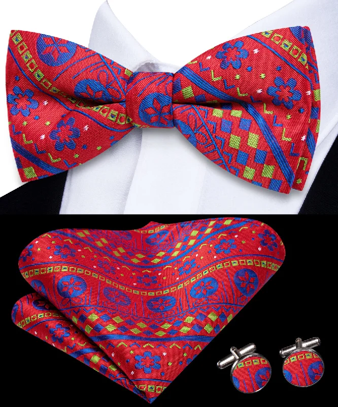 designer necktie sets for office wear-Red Christmas Blue Flower Pre-tied Bowtie Pocket Square Cufflinks Set