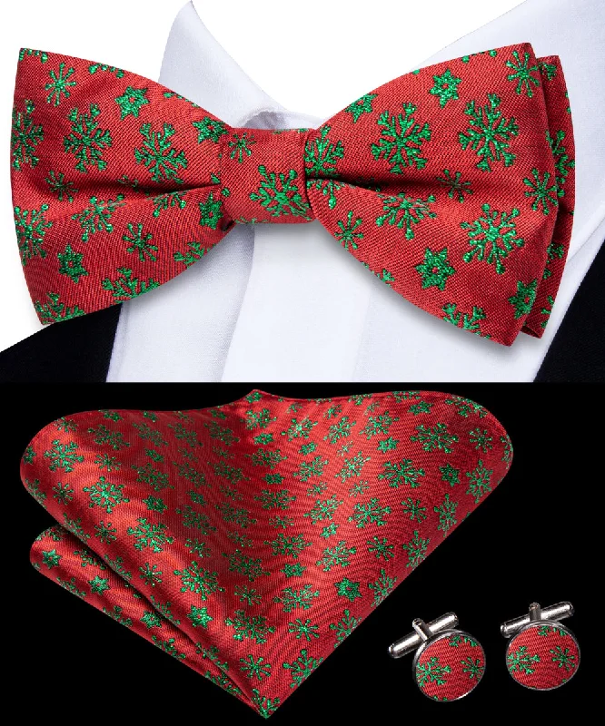 men's silk wedding necktie sets-Red Christmas Green Snow Novelty Pre-tied Bowtie Pocket Square Cufflinks Set