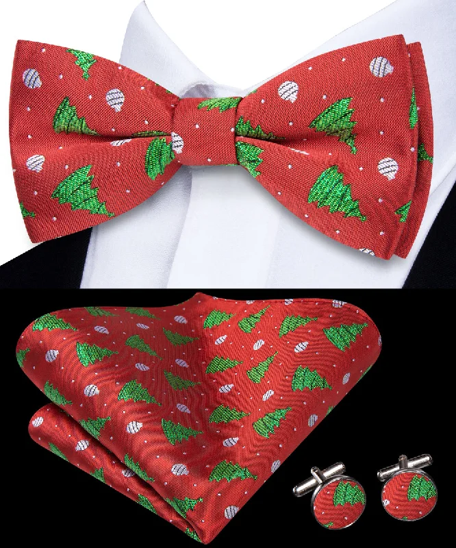 affordable business bow ties-Red Christmas Green Tree Novelty Pre-tied Bowtie Pocket Square Cufflinks Set