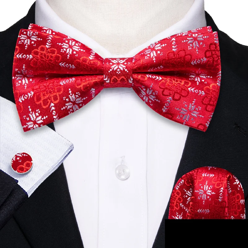 affordable necktie brands for men-Red Christmas Snowflakes Men's Pre-tied Bowtie Hanky Cufflinks Set