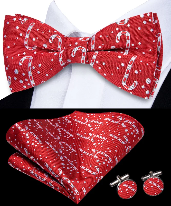 affordable luxury necktie options-Red Christmas White Candy Cane Novelty Pre-tied Bowtie Pocket Square Cufflinks Set