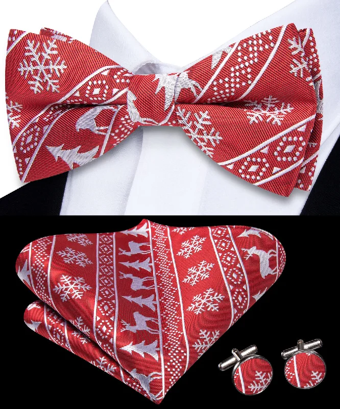 designer men's silk bow ties-Red Christmas White Deer Novelty Pre-tied Bowtie Pocket Square Cufflinks Set