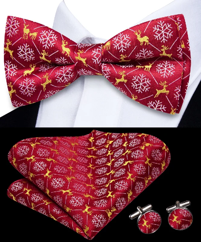 affordable wedding bow ties for men-Red Christmas White Snow Gold Deer Pre-tied Bowtie Pocket Square Cufflinks Set