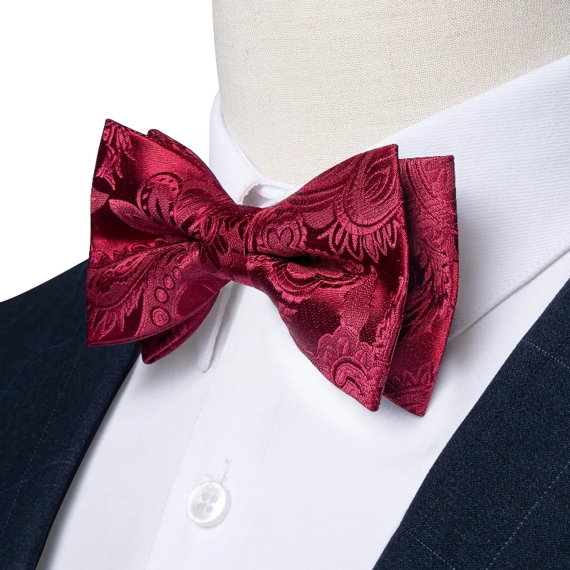 best wedding necktie materials-Red Floral Silk Pre-tied Bow Tie Hanky Cufflinks Set with Lapel Pin