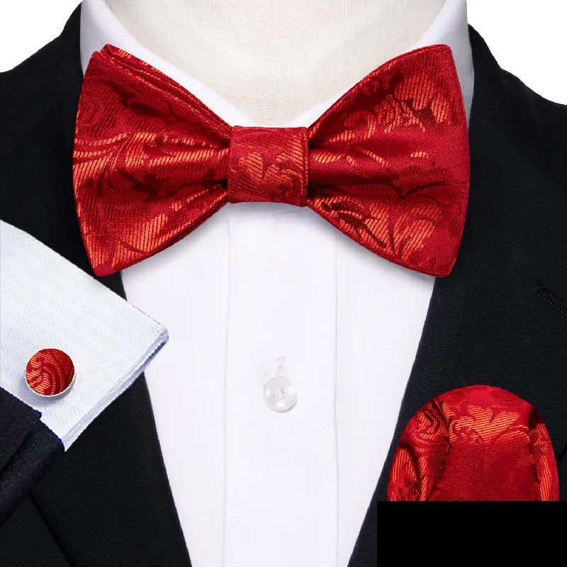 best quality business neckties-Red Gold Floral Self-tied Bow Tie Pocket Square Cufflinks Set