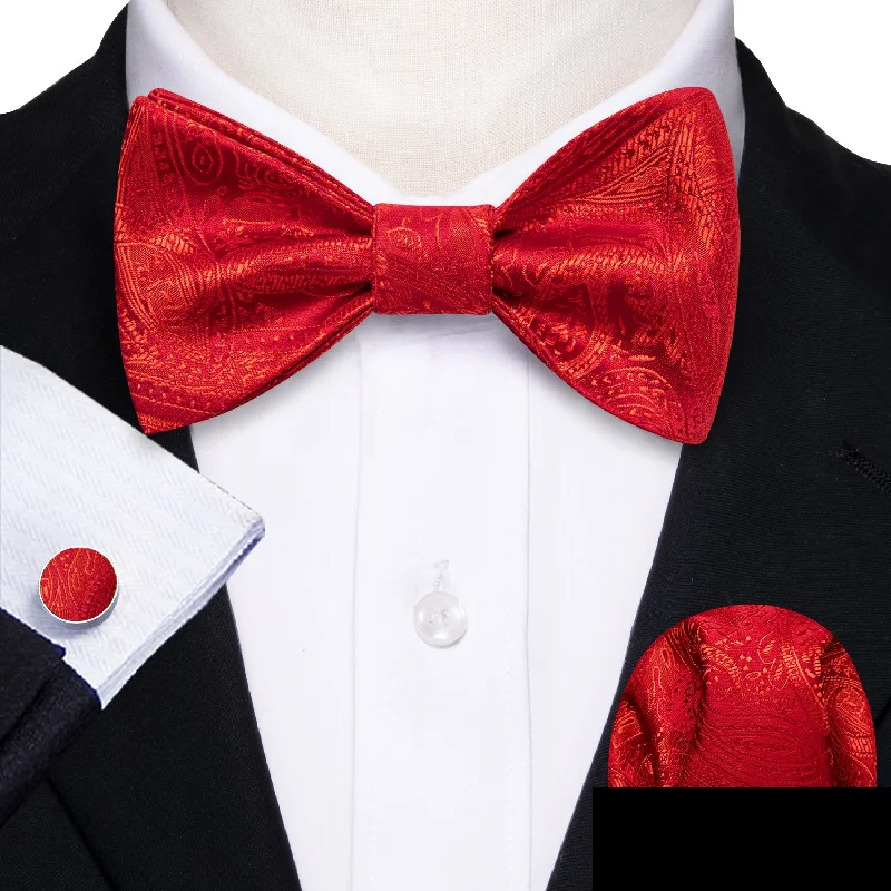 high-quality silk necktie sets-Red Gold Paisley Self-tied Bow Tie Pocket Square Cufflinks Set