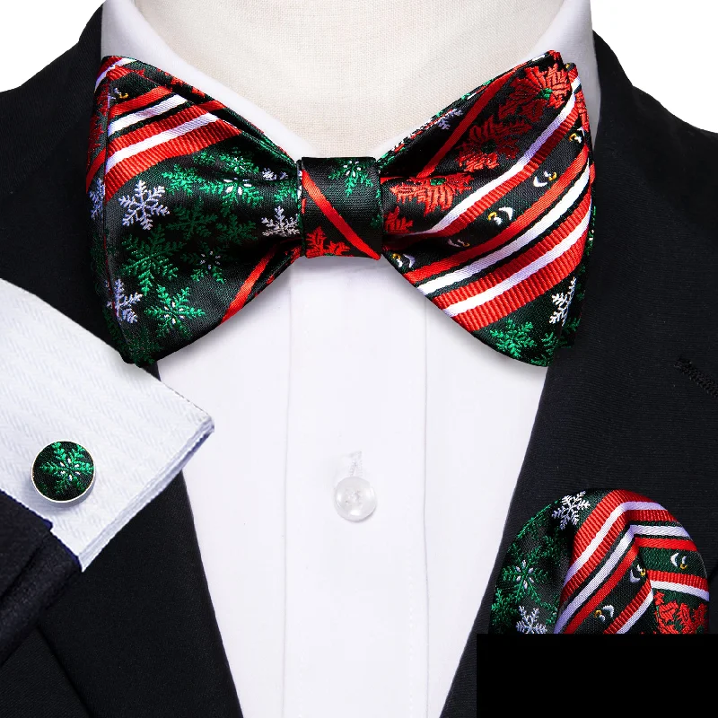 creative necktie patterns-Red Green Novelty Men's Self-tied Christmas Bowtie Pocket Square Cufflinks Set