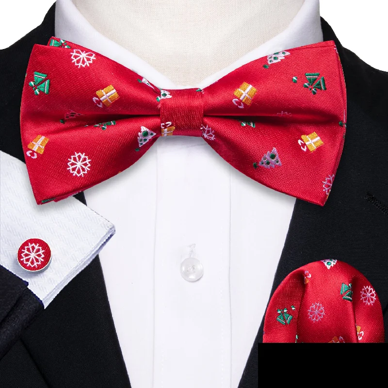 slim-fit neckties for men-Red Novelty Men's Pre-tied Christmas Bowtie Hanky Cufflinks Set