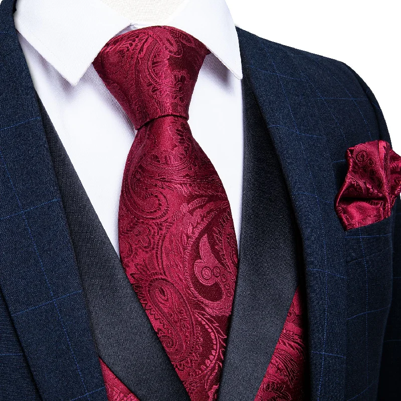 affordable business necktie sets-Red Paisley Jacquard V Neck Waistcoat Vest Tie Handkerchief Cufflinks Set