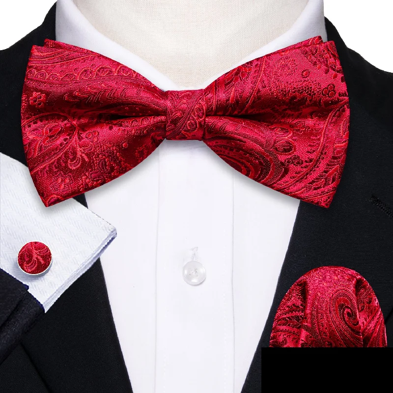 men's silk wedding necktie sets-Red Paisley Men Pre-tied Bow Tie Hanky Cufflinks Set