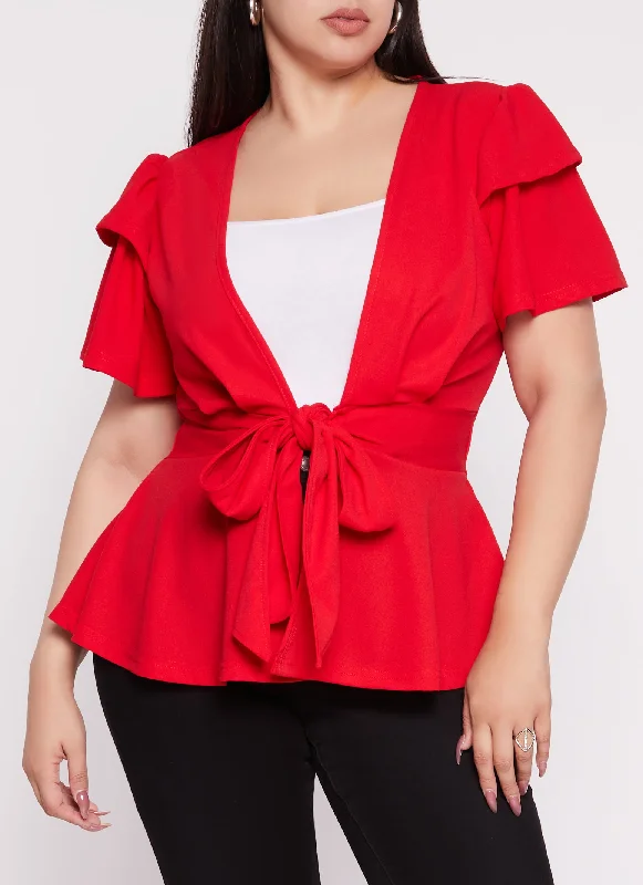 vibrant office necktie options-Plus Size Tiered Sleeve Tie Front Peplum Top