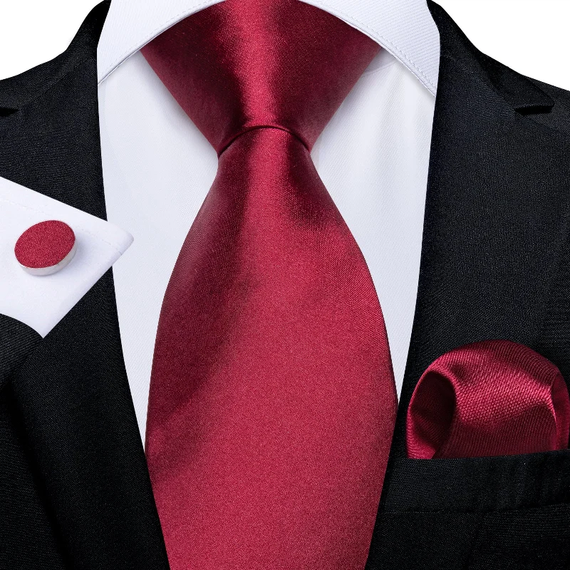 trendy office necktie patterns-Red Solid Men's Tie Pocket Square Cufflinks Set