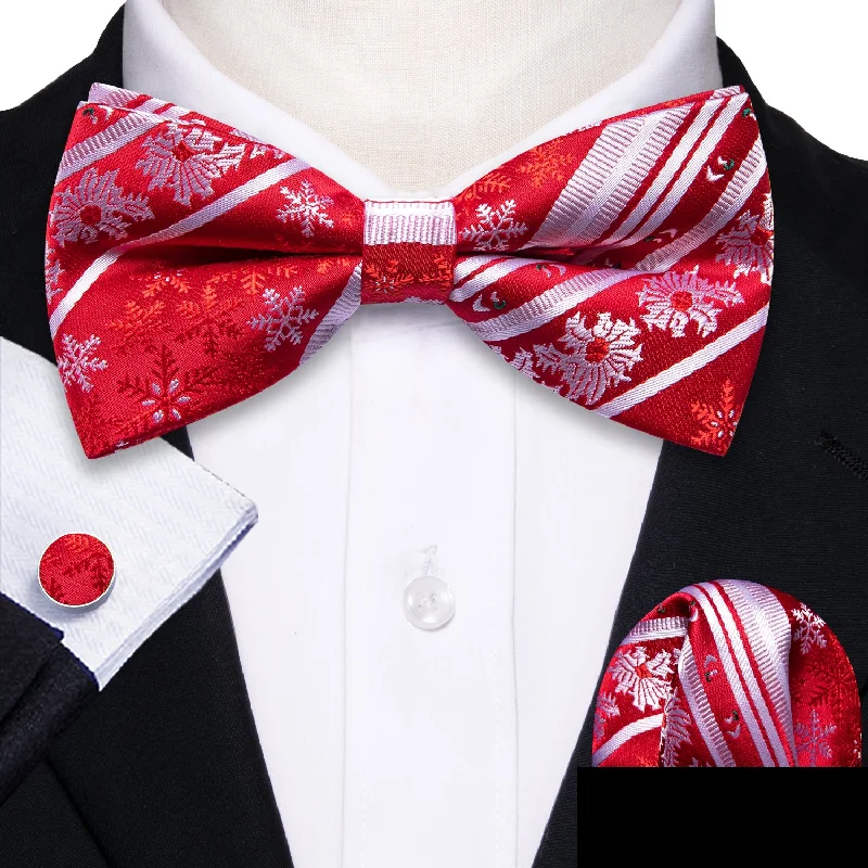 elegant silk ties for interviews-Red White Christmas Snowflakes Men's Pre-tied Bowtie Hanky Cufflinks Set