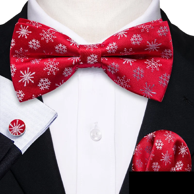 business formal necktie sets-Red White Christmas Snowflakes Men's Pre-tied Bowtie Hanky Cufflinks Set