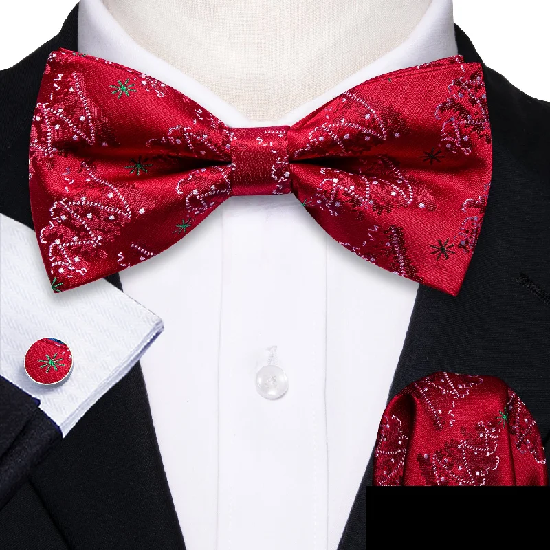 luxury business necktie sets-Red White Christmas Tree Men's Pre-tied Bowtie Hanky Cufflinks Set