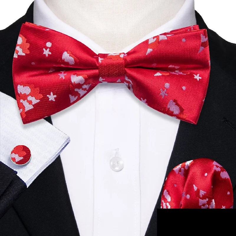 trendy silk bow ties for formal wear-Red White Christmas Tree Men's Pre-tied Bowtie Hanky Cufflinks Set