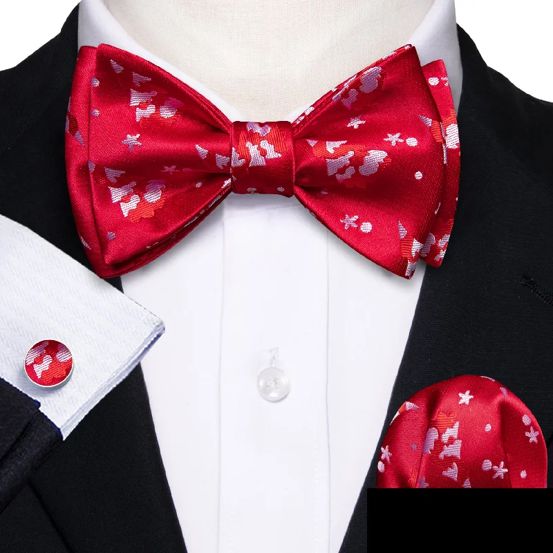 modern silk necktie designs-Red White Christmas Tree Men's Self-tied Bowtie Hanky Cufflinks Set