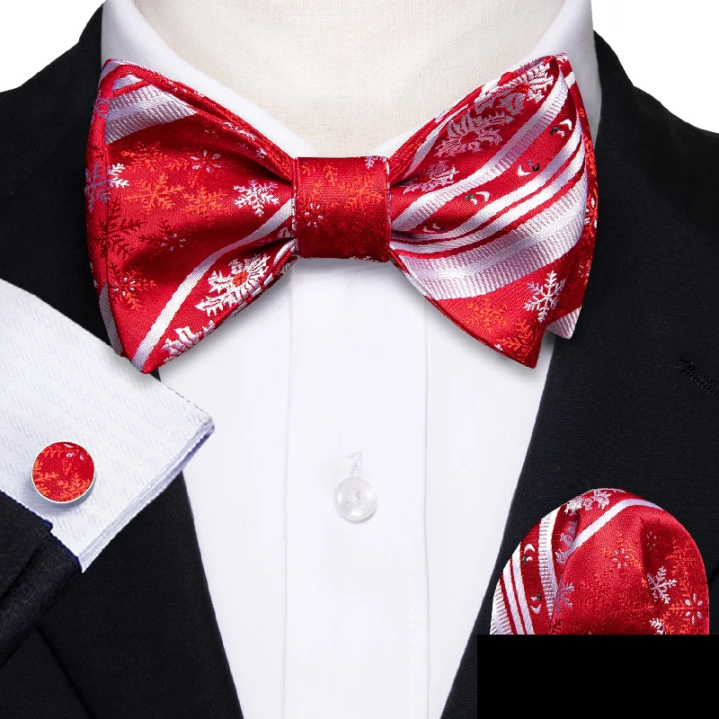 men's wedding tie designs-Red White Novelty Men's Self-tied Christmas Bowtie Pocket Square Cufflinks Set