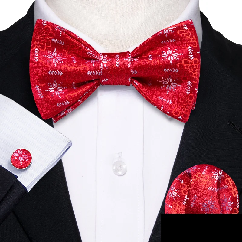 professional men's necktie sets-Red White Snowflakes Men's Self-tied Christmas Bowtie Pocket Square Cufflinks Set