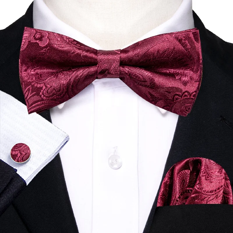 trendy wedding necktie ideas-Red Wine Paisley Pre-tied Bow Tie Hanky Cufflinks Set