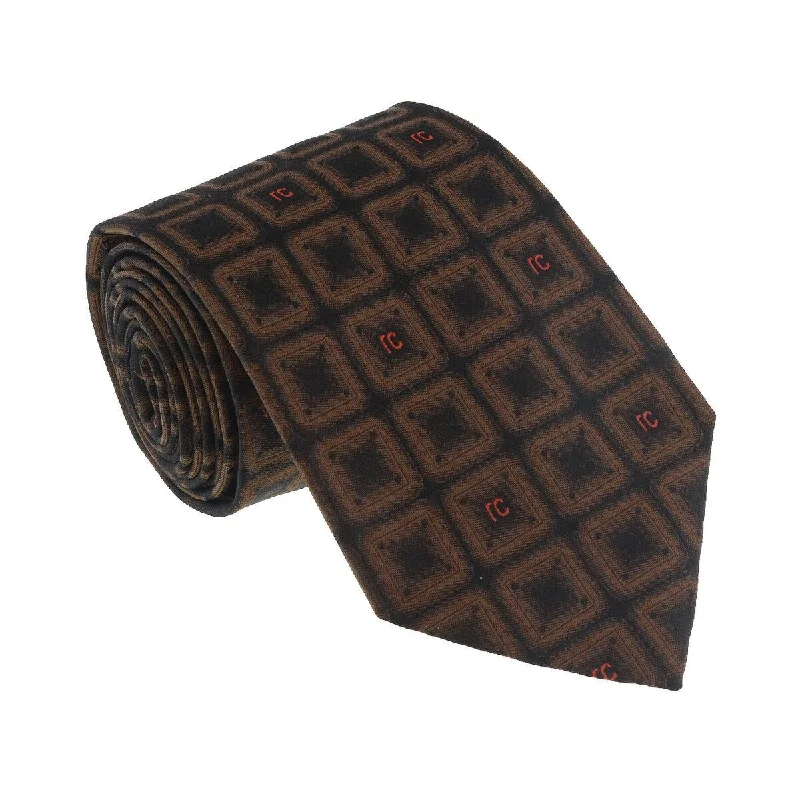 affordable silk neckties-Roberto Cavalli ESZ033 03503 Brown Geometric Square Tie for Mens