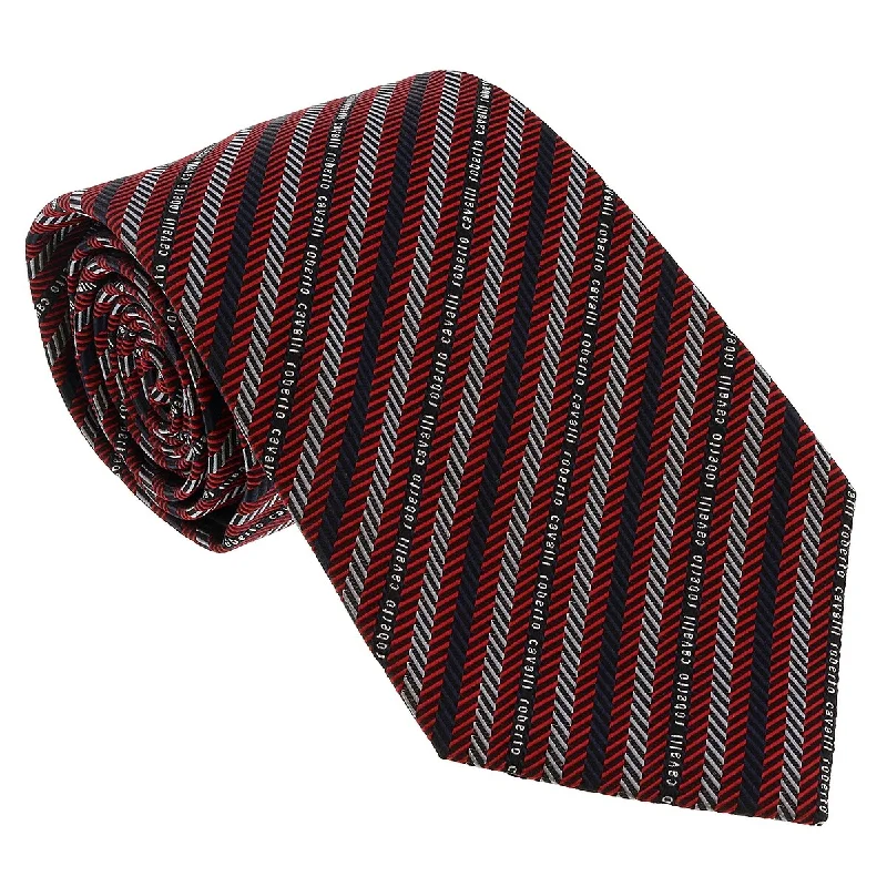 modern wedding neckties-Roberto Cavalli ESZ040 02000 Red Regimental Stripe Herringbone Tie for Mens