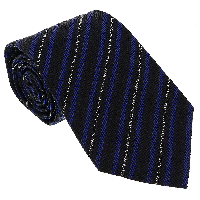 soft cotton ties-Roberto Cavalli ESZ040 04517 Royal Blue Regimental Stripe Herringbone Tie for Mens