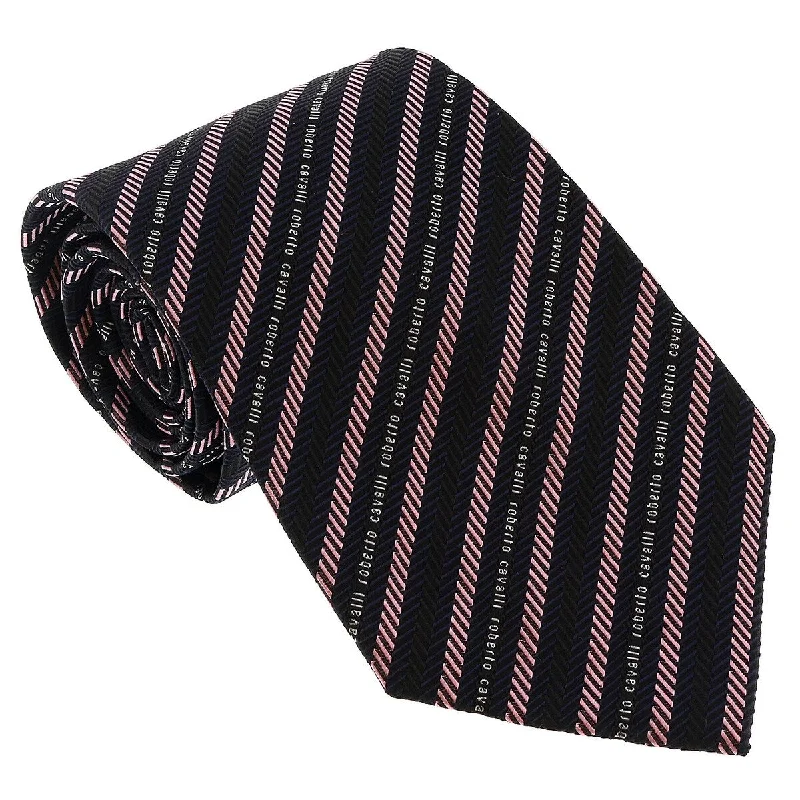 vintage inspired silk neckties-Roberto Cavalli ESZ040 D0655 Black/ Light Pink Regimental Stripe Herringbone Tie for Mens