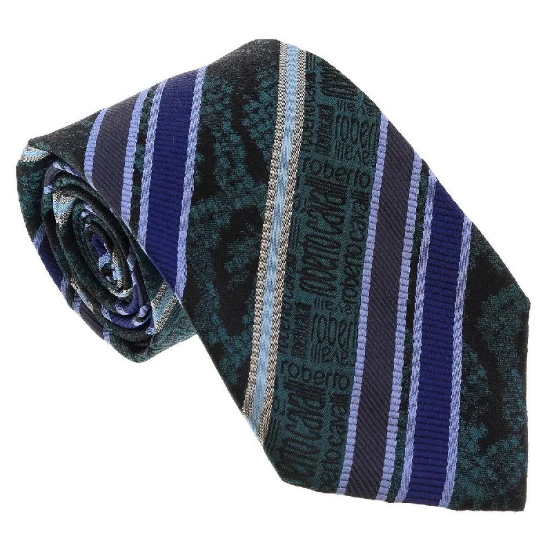 luxury patterned neckties-Roberto Cavalli ESZ044 D1317 Teal Blue/ Violet Regimental Stripe Tie for Mens