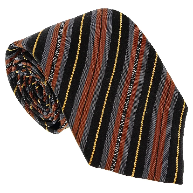 simple silk ties for men-Roberto Cavalli ESZ047 03503 Brown Regimental Stripe Tie for Mens