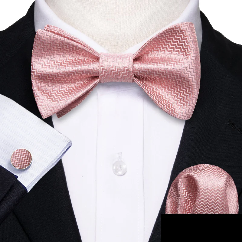 colorful silk ties for men-Rose Pink Novelty Self-tied Bow Tie Pocket Square Cufflinks Set