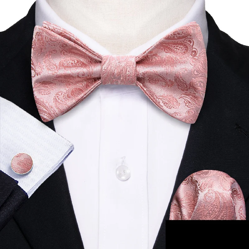 office necktie packs-Rose Pink Paisley Self-tied Bow Tie Pocket Square Cufflinks Set