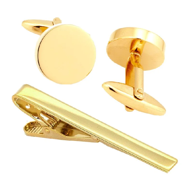 simple silk ties for men-Round Chunky Gold Cufflinks & Tie Clip Set