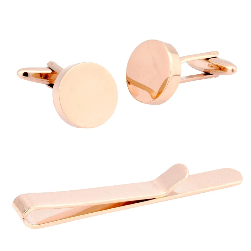 colorful office neckties-Round Rose Gold Cufflinks & Tie Bar Set