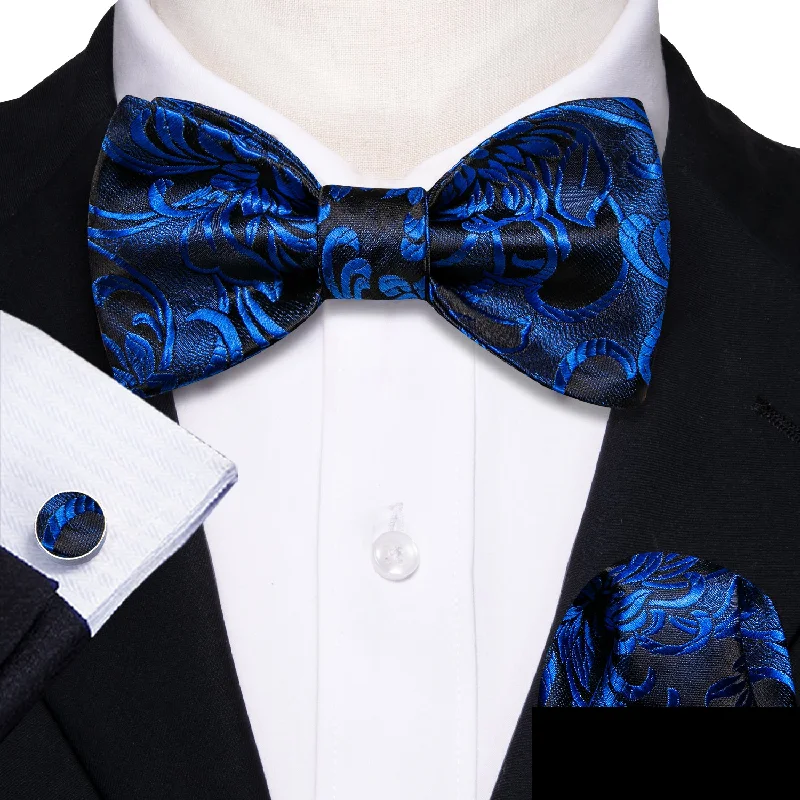 luxury wedding necktie designs-Royal Blue Floral Self-tied Bow Tie Hanky Cufflinks Set