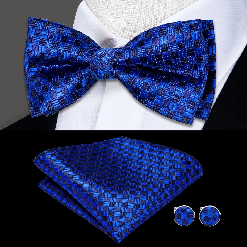 elegant formal office neckties-Royal Blue Plaid Men's Pre-tied Bowtie Pocket Square Cufflinks Set