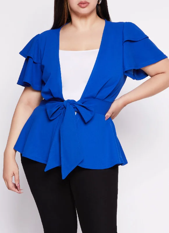 affordable business necktie sets-Plus Size Tiered Sleeve Tie Front Peplum Top