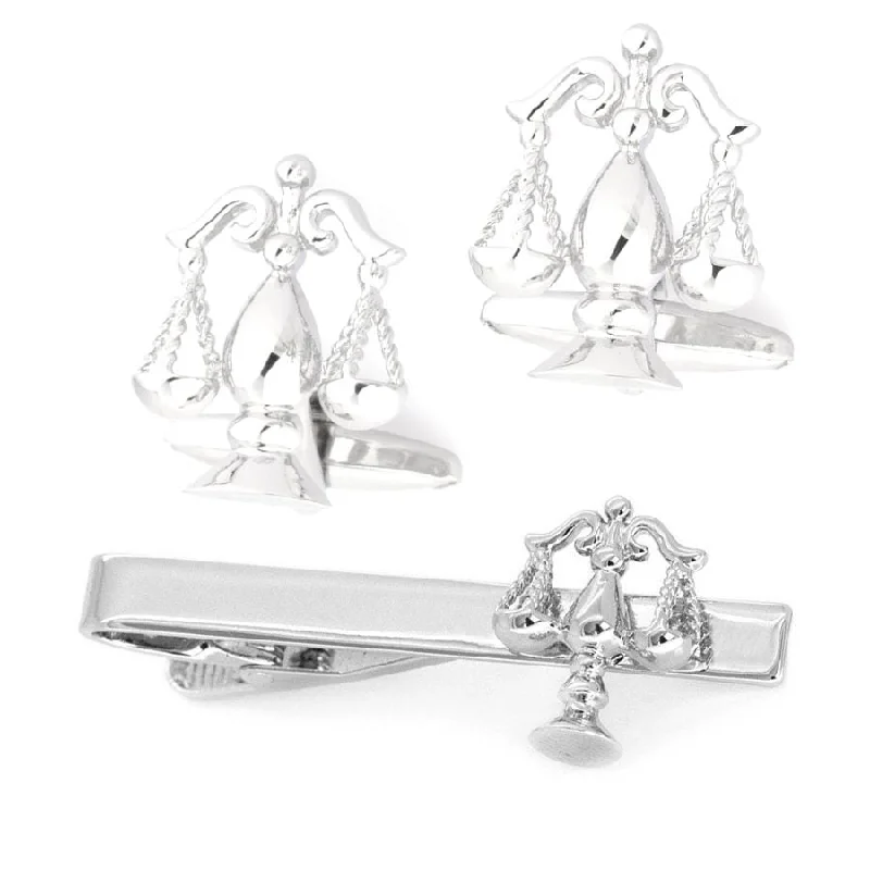 silk ties for casual outfits-Scales of Justice Silver Cufflinks & Tie Clip Set