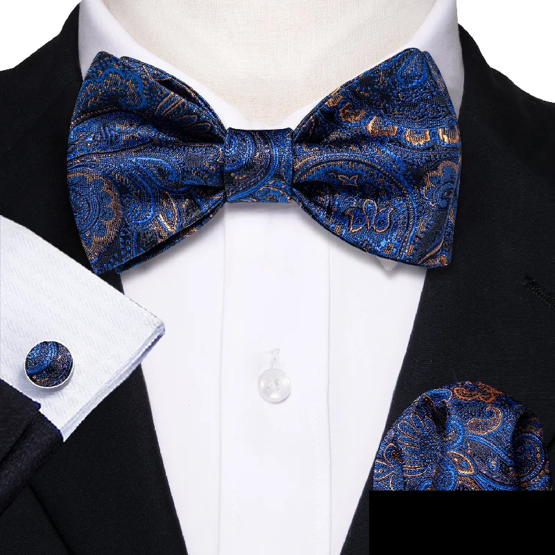 luxury designer bow ties-Shining Blue Paisley Self-tied Silk Bow Tie Pocket Square Cufflinks Set