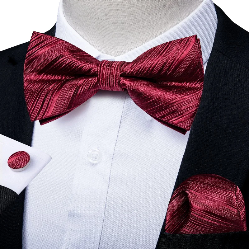 wedding necktie colors for men-Shiny Burgundy Red Striped Men's Pre-tied Bowtie Pocket Square Cufflinks Set