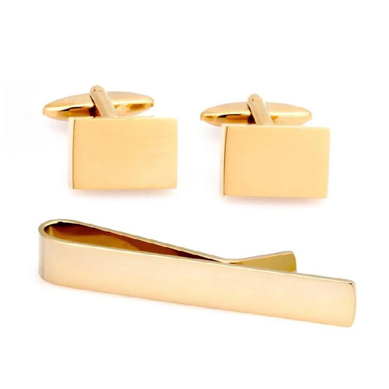 best wedding necktie materials-Shiny Gold Rectangle Engravable Cufflinks & Tie Bar Set