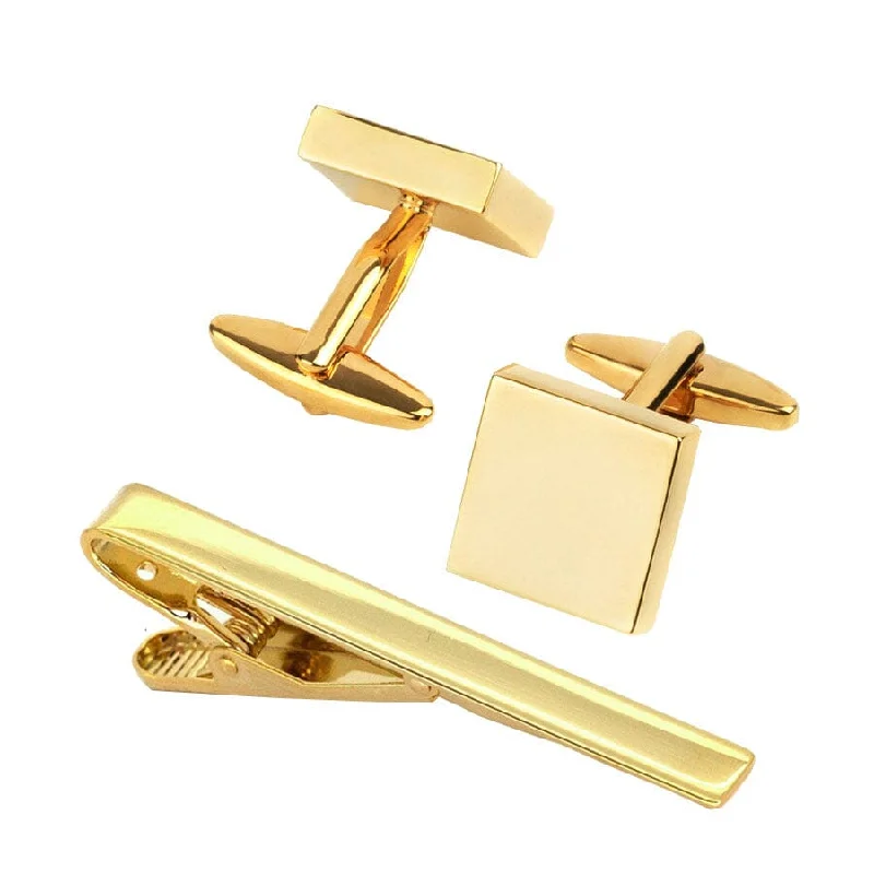 luxury designer bow ties-Shiny Gold Square Cufflinks & Tie Clip Set