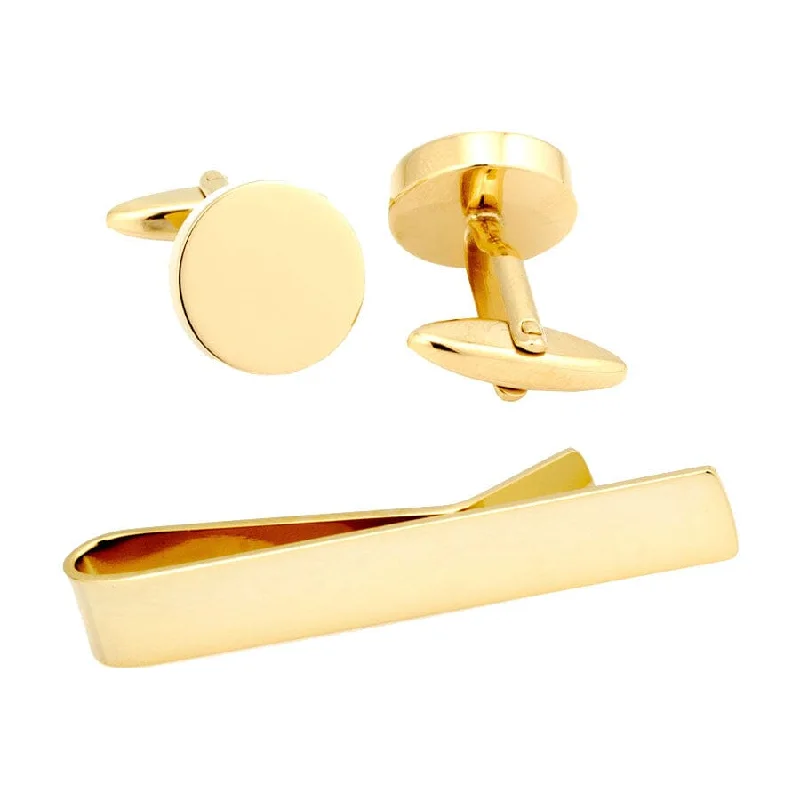 colorful bow ties for weddings-Shiny Round Gold Cufflinks & Tie Bar Set